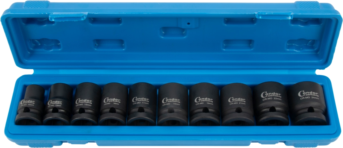 Kraftsteckschlüssel-Satz, 10-tlg., 1/2", CrMo, 6-kant 10-24 mm
