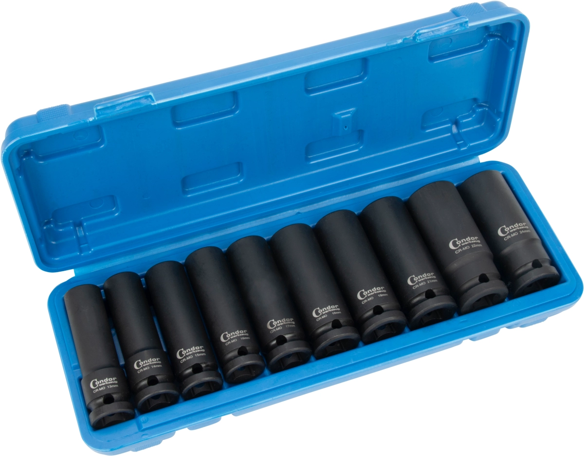 Kraftsteckschlüssel-Satz, 10-tlg., 1/2", CrMo, tief, 6-kant 13-24 mm