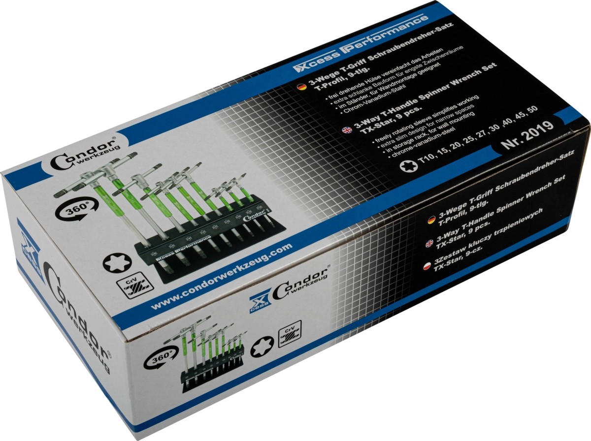3-Wege T-Griff Schraubendreher-Satz, xcess perf., 9-tlg., T-Profil T10-50