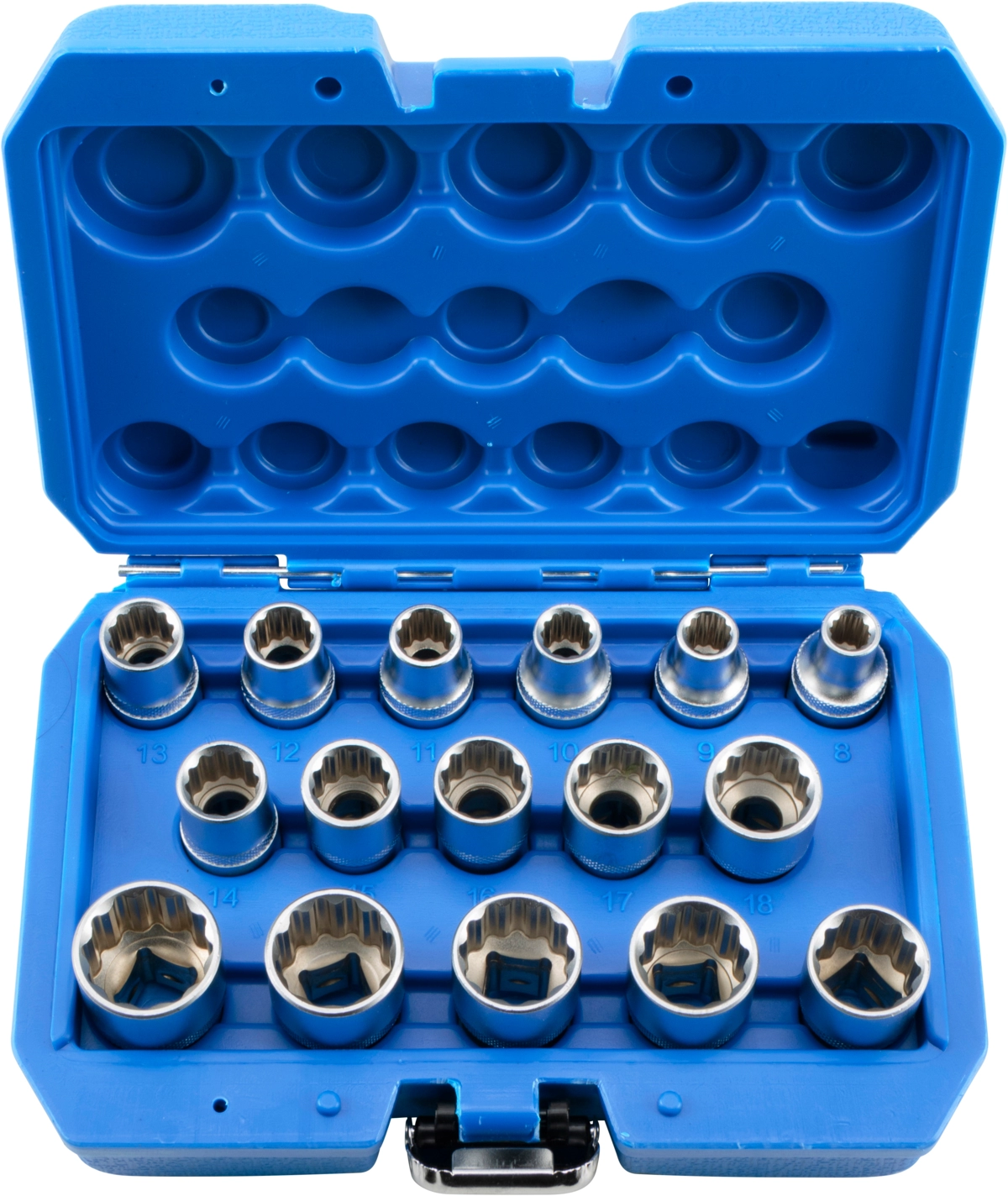 Steckschlüssel-Einsätze, 16-tlg., 1/2", 12-kant 8-24 mm