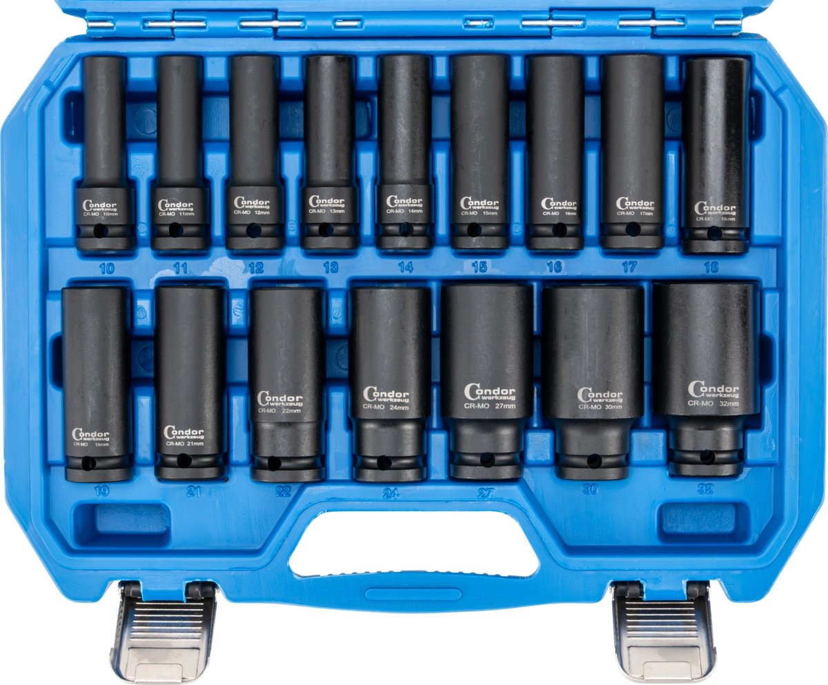 Kraftsteckschlüssel-Satz, 16-tlg., 1/2", CrMo, tief, 6-kant 10-32 mm
