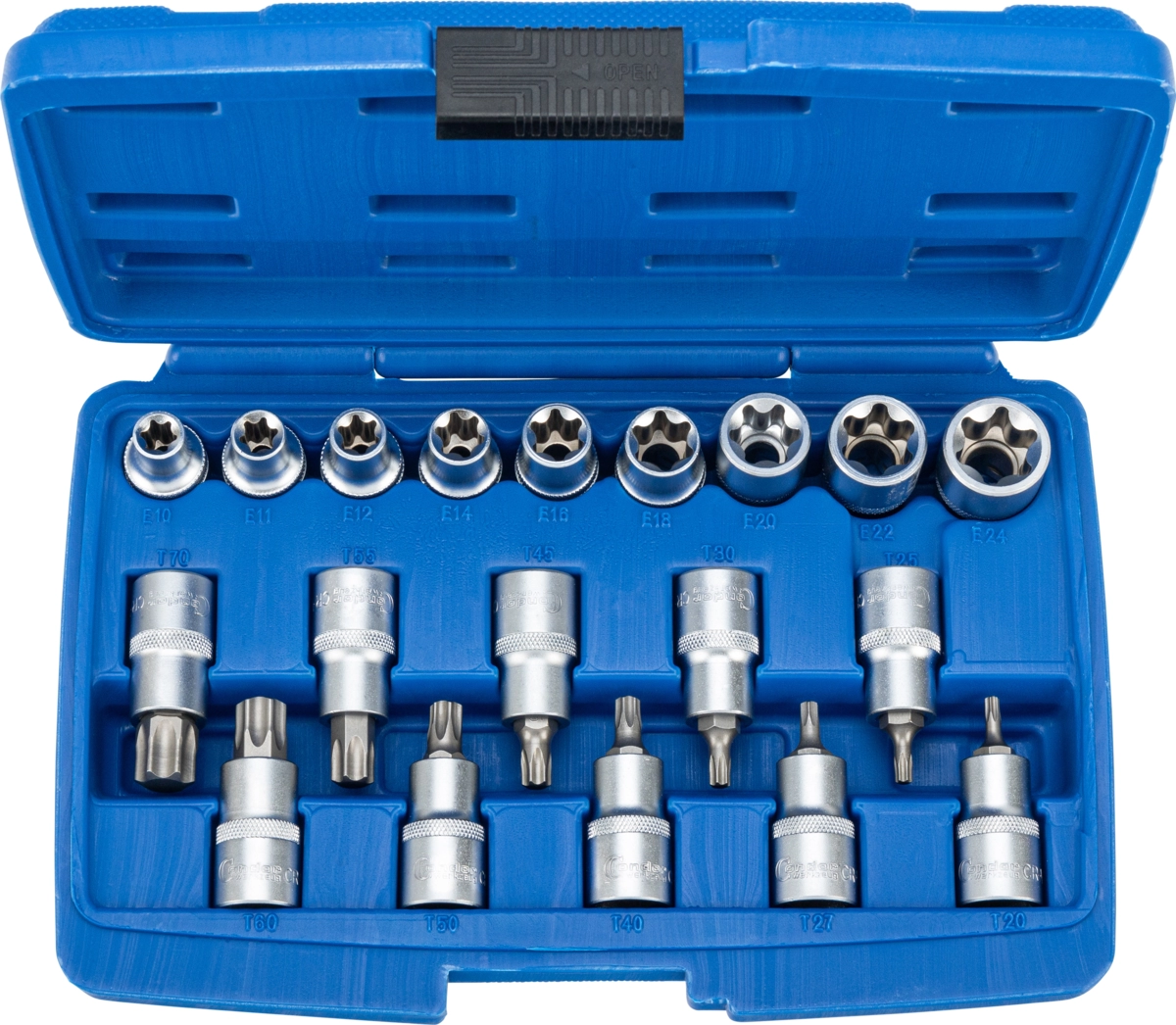 Steckschlüssel-Einsätze, 19-tlg., 1/2", T-Profil / E-Profil