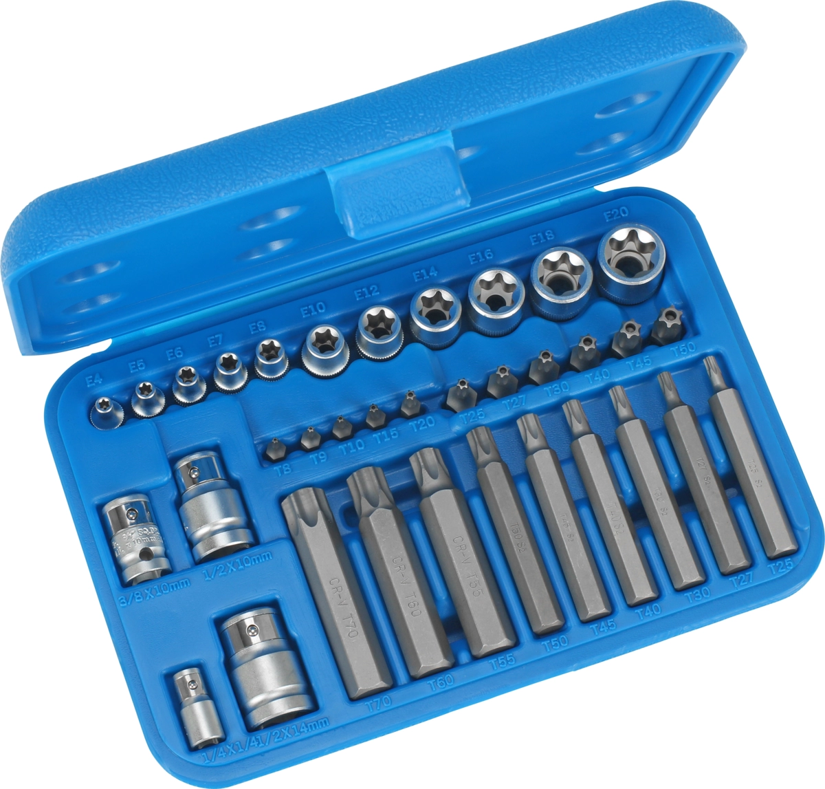 Steckschlüssel-Einsätze, 35-tlg., 1/4+3/8+1/2", T-Profil SLB / E-Profil