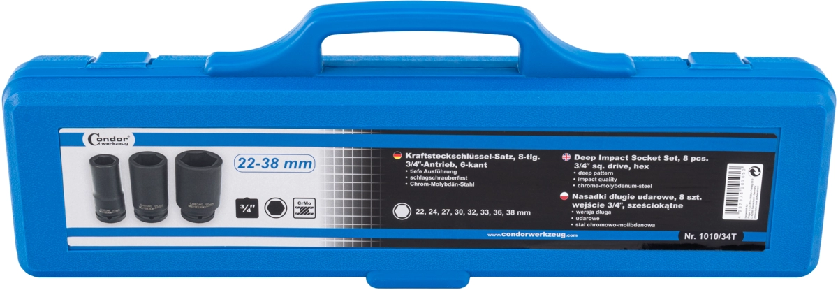 Kraftsteckschlüssel-Satz, 8-tlg., 3/4", CrMo, tief, 6-kant 22-38 mm
