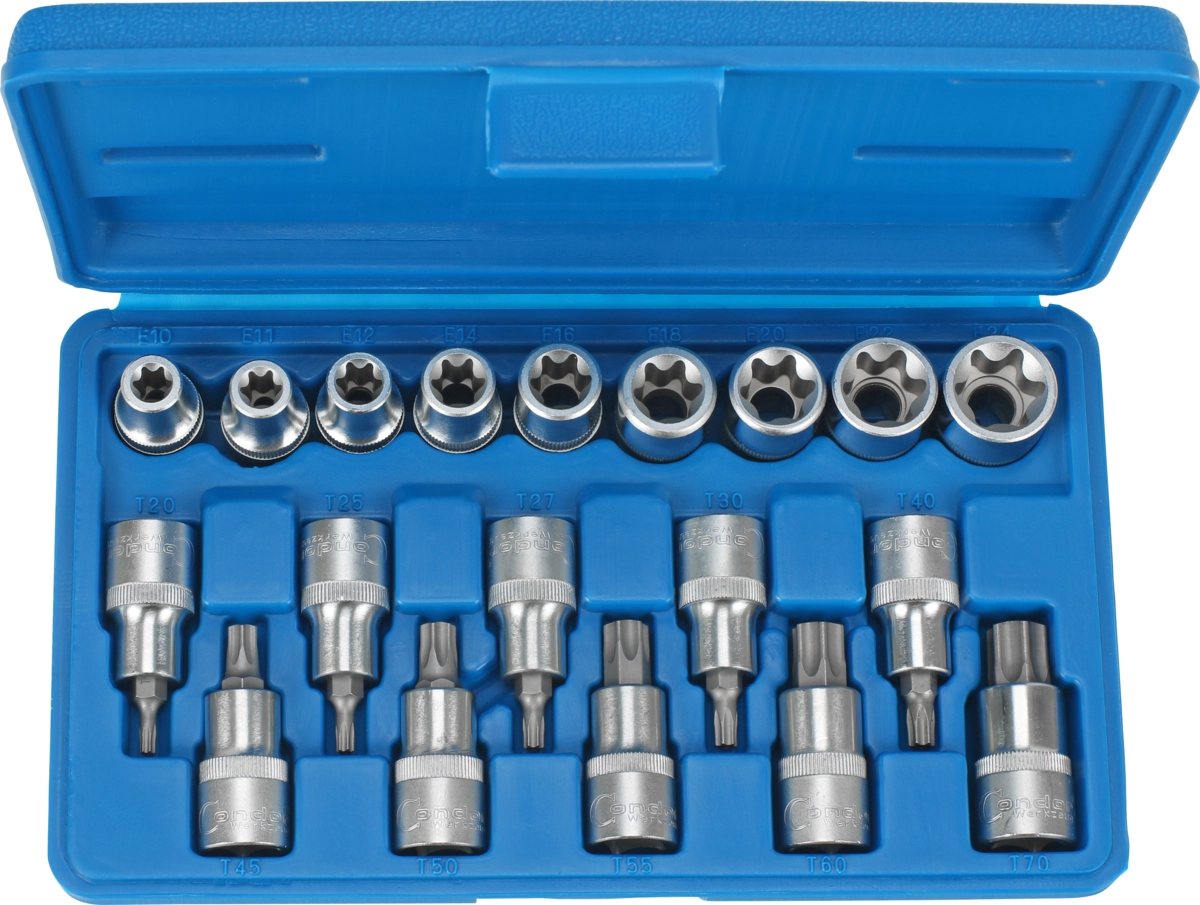 Steckschlüssel-Einsätze, 19-tlg., 1/2", T-Profil SLB / E-Profil
