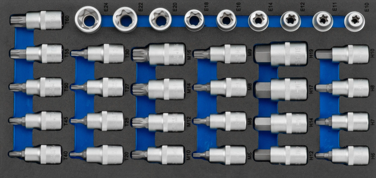 Schaumeinlage Bit-Stecknüsse und E-Profil 1/3, 34-tlg., 1/2"