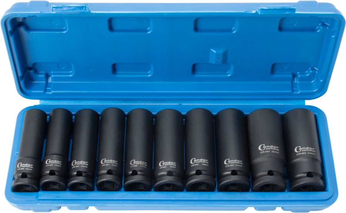 Kraftsteckschlüssel-Satz, 10-tlg., 1/2", CrMo, tief, 6-kant 13-24 mm