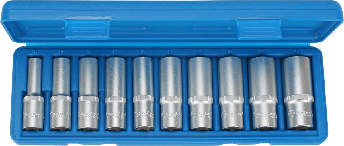 Steckschlüssel-Einsätze, 10-tlg., 1/2", tief, 6-kant 10-24 mm
