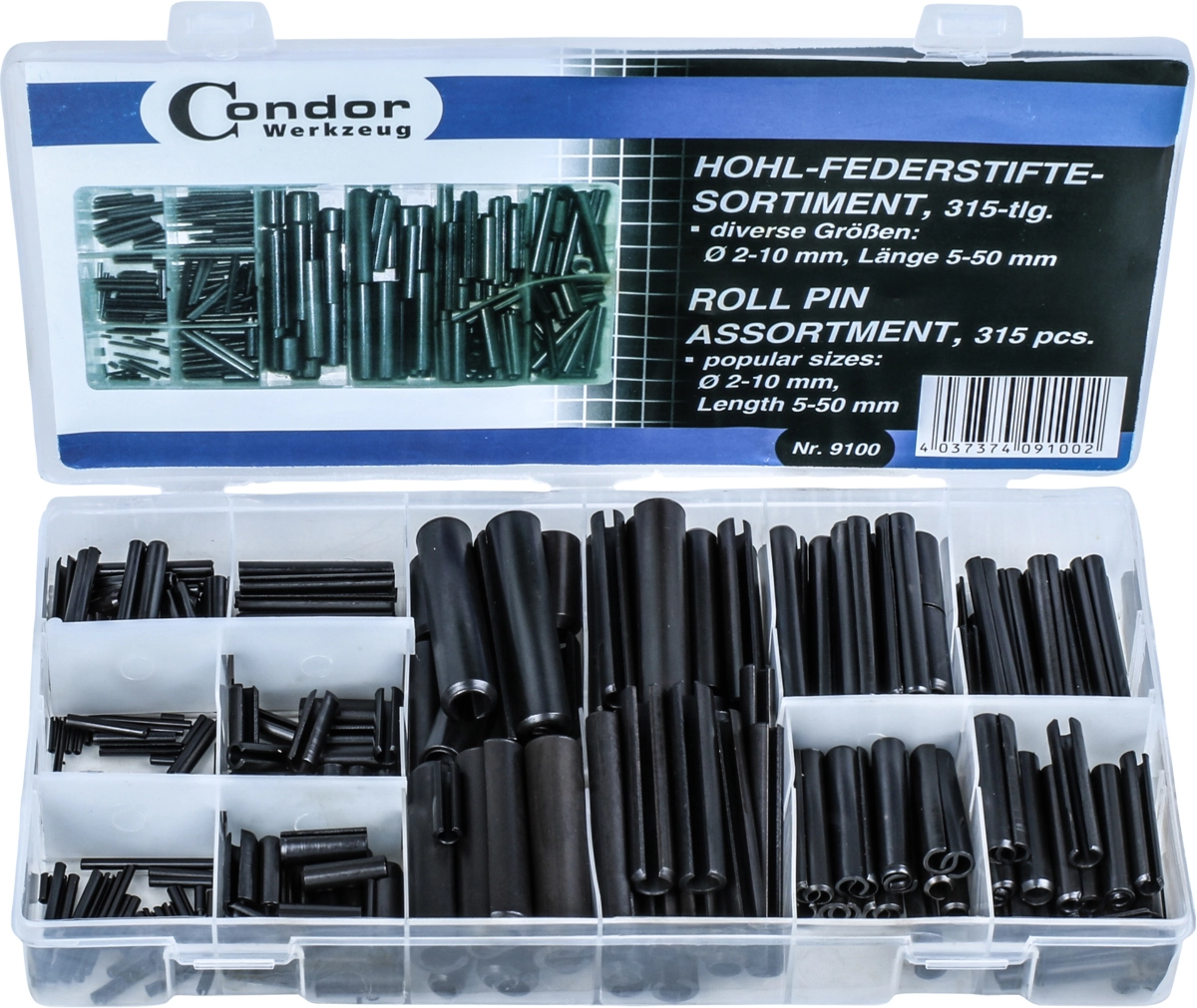 Hohl-Federstifte-Sortiment, 315-tlg., ø 2-10 mm, 5-50 mm lang