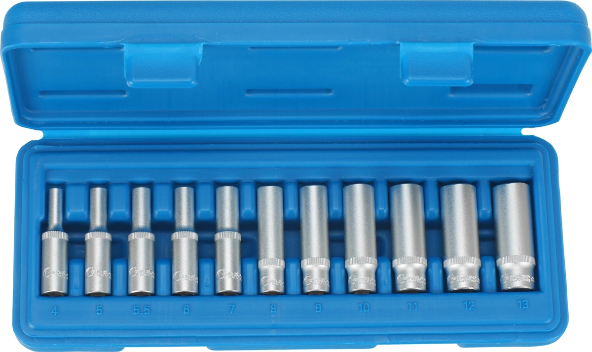 Steckschlüssel-Einsätze, 11-tlg., 1/4", tief, 6-kant 4-13 mm