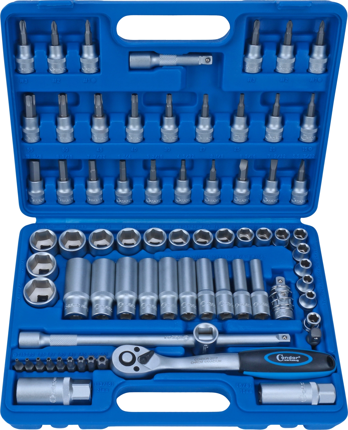 Steckschlüssel-Satz, 71-tlg., 3/8", 6-kant zöllig 1/4-15/16"
