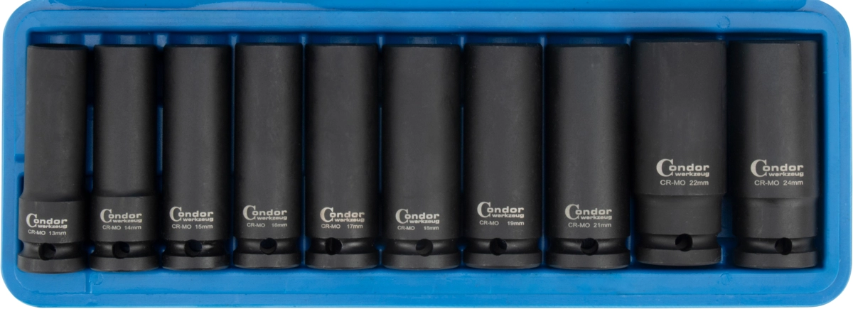 Kraftsteckschlüssel-Satz, 10-tlg., 1/2", CrMo, tief, 6-kant 13-24 mm