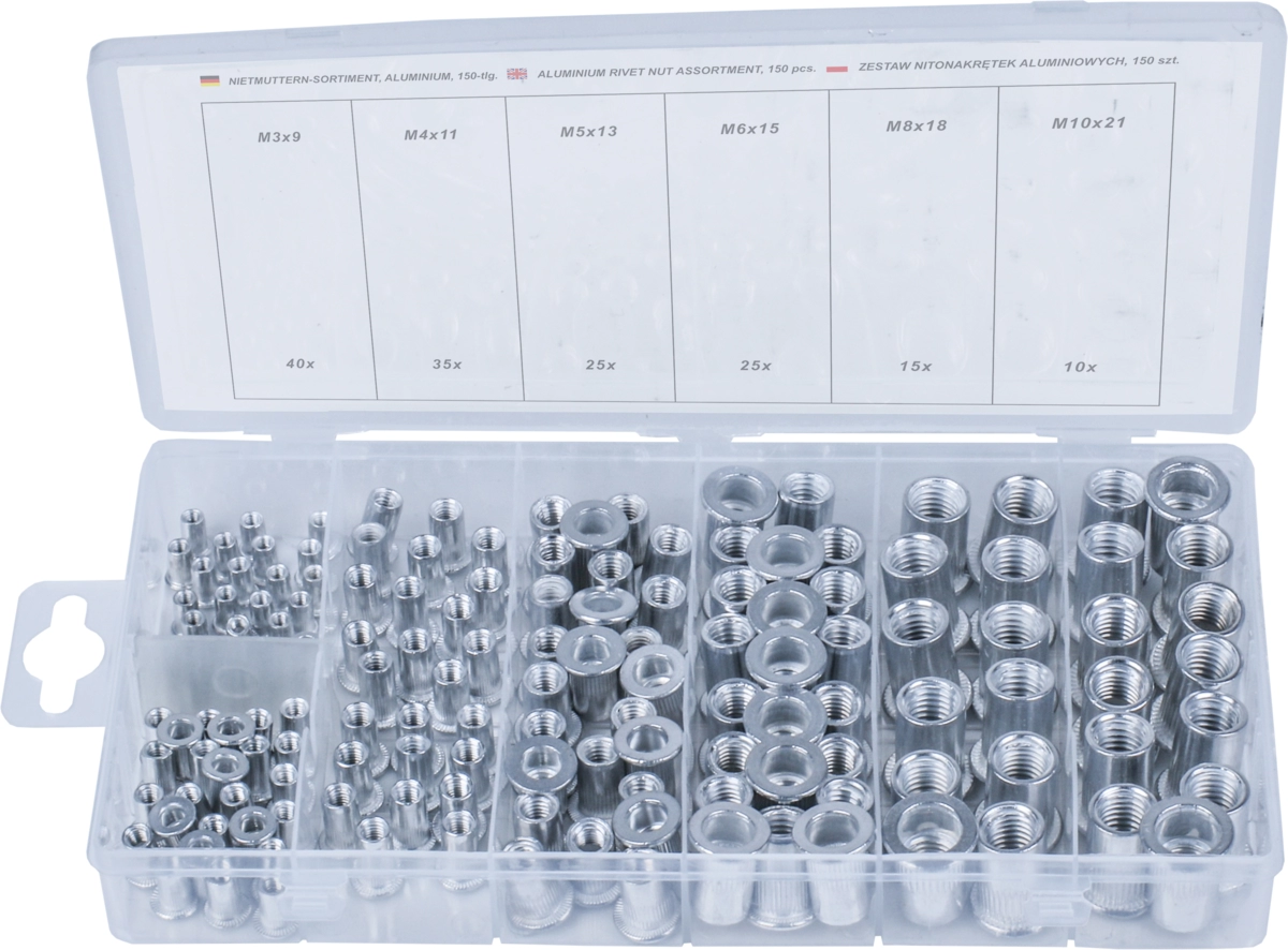 Nietmuttern-Sortiment, Aluminium, 150-tlg.