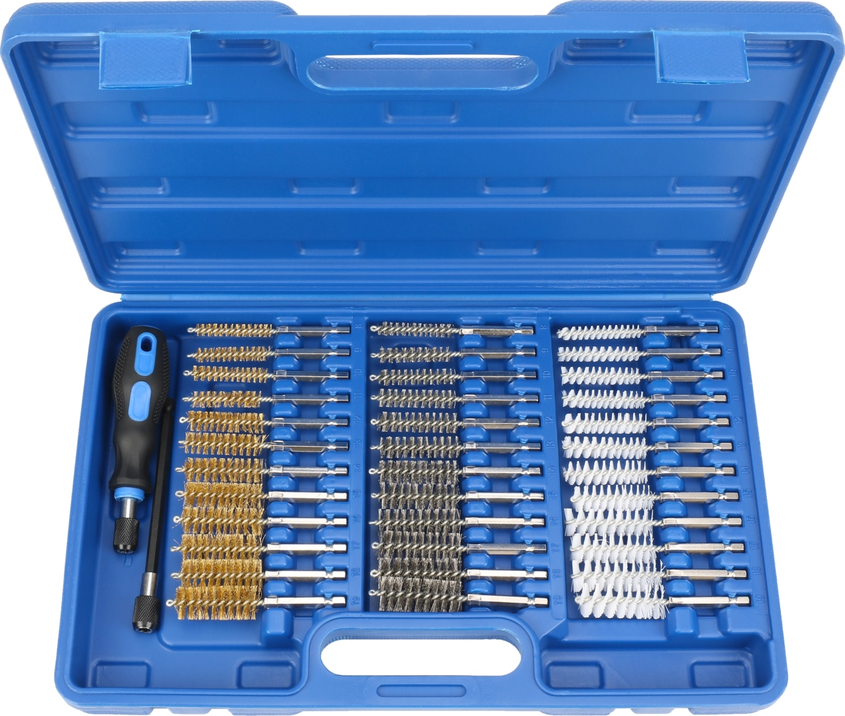 Bürsten-Sortiment, 38-tlg., Stahl/Nylon/Messing-Besatz, ø 8-19 mm